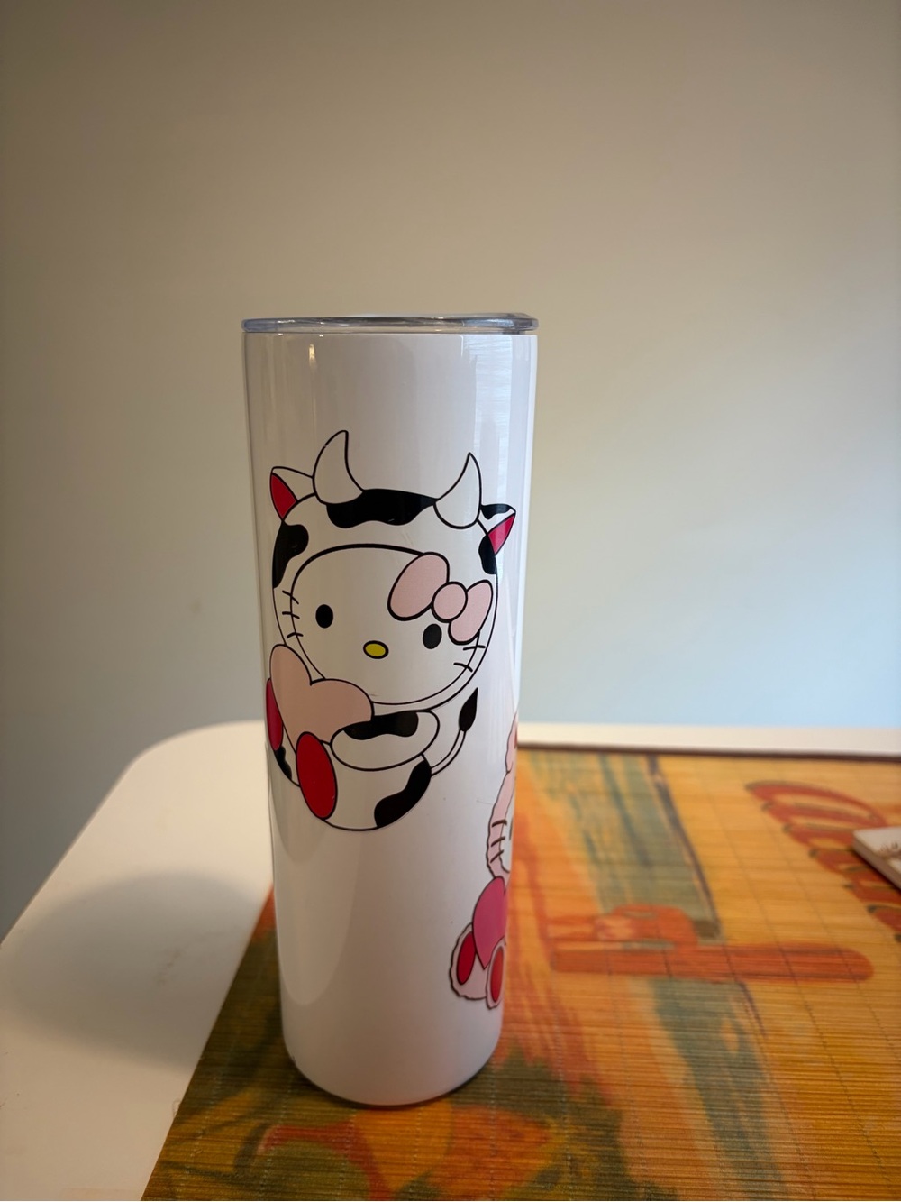 Sanrio Hello Kitty Cow-Print Tall Tumbler — White, Black & Pink